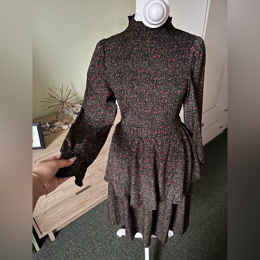 Brown Floral Tiered Midi Skirt Smock Turtleneck Shirt Modest Matching Coord Set